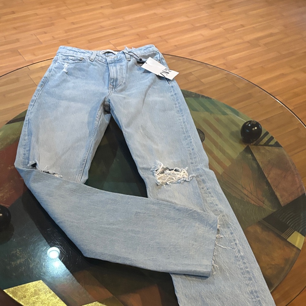 Zara Light Blue Distressed Straight Leg Jeans